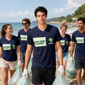 A group of people wearing navy V-collar T-shirts with a logo, cleaning a beach together.