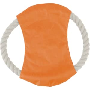 An orange rope frisbee dog toy with a textured fabric centre and white rope handles. It features a logo.