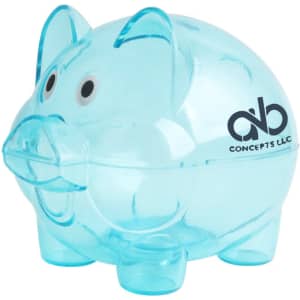 A blue transparent piggy bank with a smiley face and a branding logo on the side.