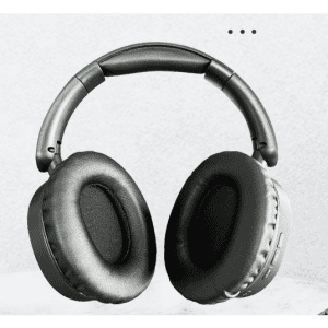 Black ANC Bluetooth headphones with cushioned ear cups and a sleek design, featuring a logo on the side.