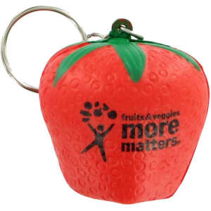 A red strawberry-shaped stress reliever attached to a metal keyring with a logo.