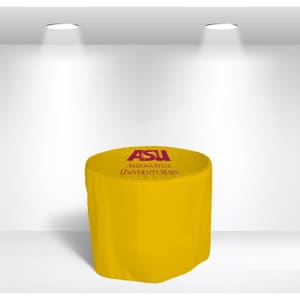 A round, fitted table cover in bright yellow, featuring a logo at the top.