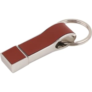 A red and silver flash drive with a keyring attachment. It has a sleek, modern design and a shiny finish.