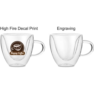 A double wall mug featuring a clear glass design with a handle, showcasing a logo on one side.