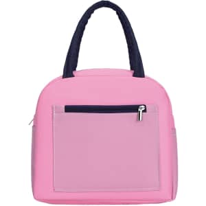 A pink insulated lunch bag with a navy blue handle and a front zippered pocket. It features a plain design and a logo.