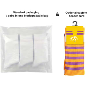 Woven work socks featuring a towel bottom, displayed in a biodegradable bag with an optional custom header card. Orange and purple colours.
