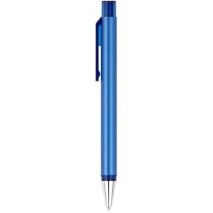 A blue plastic pen with a clip and silver nib, featuring a logo on its side.