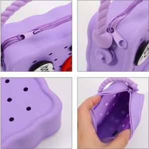 A purple silicone bag with a textured surface, zip closure, and holes for ventilation. Features a handle and interior compartment.