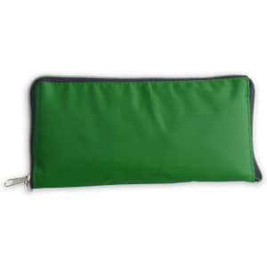 A green foldable tote bag with a zip closure, featuring a logo on one side.