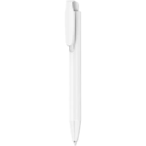 A creamy white plastic pen with a clip and a smooth barrel design. The pen features a logo on its surface.