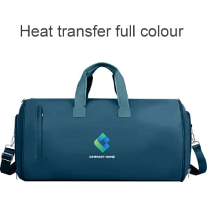 A teal convertible duffel bag with dual handles, a shoulder strap, and a logo on the front.