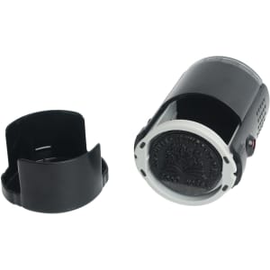 A black custom self-inking stamp with a removable cap, featuring a circular stamp base.