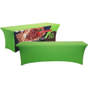 A green stretch table cover for a 4ft table, featuring a logo and promotional graphics.