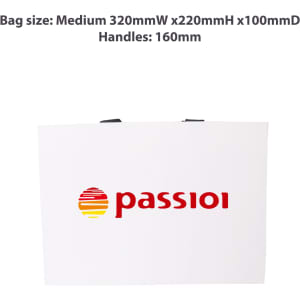 A medium white paper bag with flat black handles and a logo printed on the front.