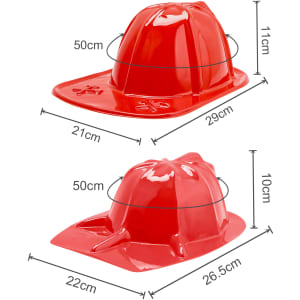 A red PVC fire chief hat with various measurements displayed, featuring a logo on its surface.