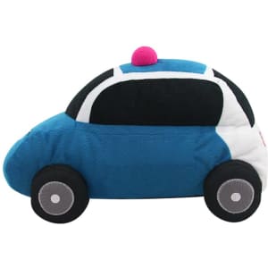 A plush toy in the shape of a blue and black vehicle, featuring a pink light on top and circular wheels.