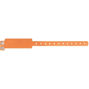 An orange disposable PVC wristband with multiple holes for adjustability, featuring a logo.