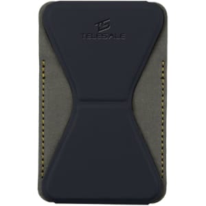 A black and grey PU MagSafe phone stand card holder with an embossed logo. Perfect for holding cards securely.