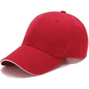 A red 6-panel cap with a curved brim and a logo on the front.