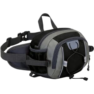 A drink bottle holder integrated into a black and grey waist bag, featuring various pockets and an adjustable strap.