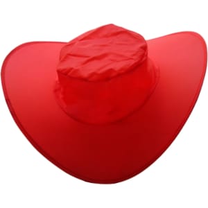 A foldable cowboy hat in bright red, featuring a wide brim and a central crown, neatly packed for storage.