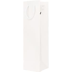 A drink bottle paper bag in white, featuring a handle, designed for holding wine bottles.