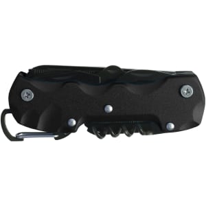 A multifunction pocket knife in black, featuring various tools and a carabiner clip for easy attachment.