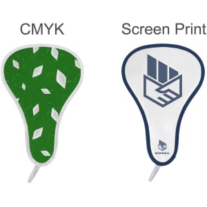 A foldable event fan featuring a green pattern on one side and a white design with a logo on the other.
