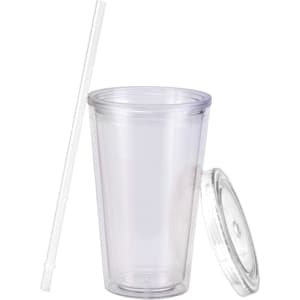 A set of clear 16oz plastic cups with lids and straws, featuring a smooth design and a simple logo.