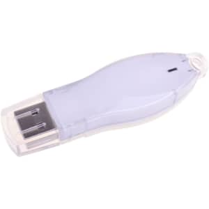A light purple flash drive with a translucent case, featuring a built-in USB connector and a branding logo.
