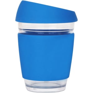 A drink bottle featuring a reusable 12 oz glass coffee cup in blue with a silicone grip and lid.