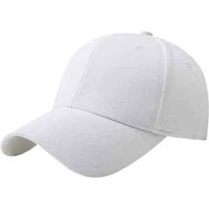 A cotton baseball cap in white, featuring a hard top and an adjustable strap at the back.