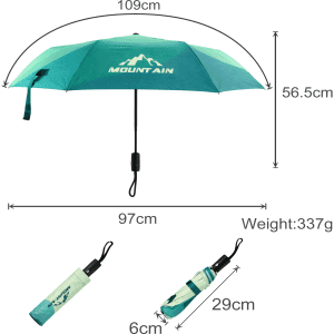 A teal and mint green 21'' automatic compact folding umbrella with a matching storage sleeve and a logo.