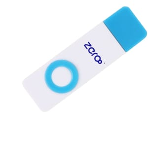 A white and blue flash drive with a circular accent, featuring a logo on its surface.