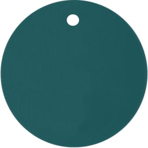 A drink cover in a deep teal colour, circular with a hole at the top, featuring a simple design.