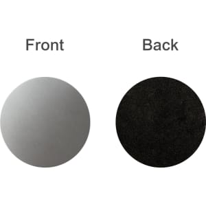 A round metal coaster featuring a shiny silver front and a black textured back, with a branding logo.