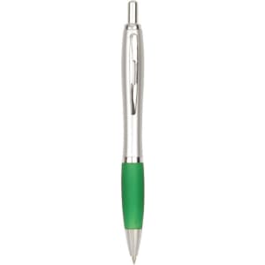 A silver pen with a green grip and a clip. The pen features a logo on its body.