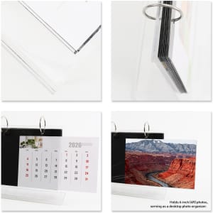 Acrylic desk calendar and photo album organiser in clear and black, featuring a ring mechanism for easy access.
