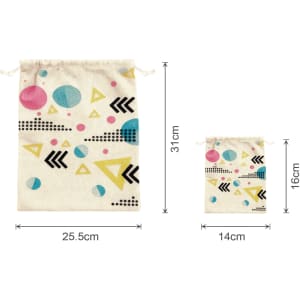 Cotton linen drawstring bags in cream with colourful geometric patterns, available in two sizes.