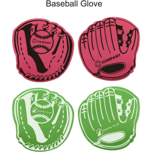 Four foam baseball mitts in pink and green, each featuring a logo, styled with a glove design.
