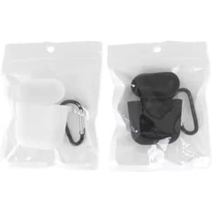 Two pairs of wireless earbuds in black and white packaging, featuring a carabiner clip and a logo.