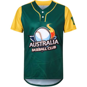 A green and yellow men's baseball jersey featuring a logo, made from 100% polyester with a two-button design.