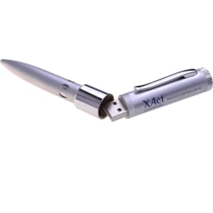 A silver flash drive pen with a clip and a USB connector. It features a logo on the barrel.