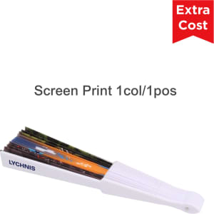 A fabric hand held fan in white, featuring multiple vibrant coloured panels, with a branding logo on the handle.