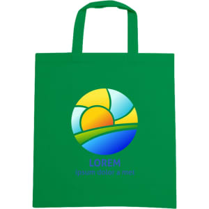 A green cotton bag with short handles and a colourful circular logo design printed on the front.