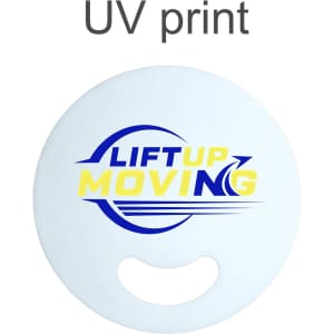 A round custom-shaped PP fan without handles in white, featuring a logo with blue and yellow text.