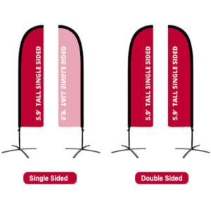 Large straight feather banners in red and pink; one single-sided and one double-sided, with black frames and bases.