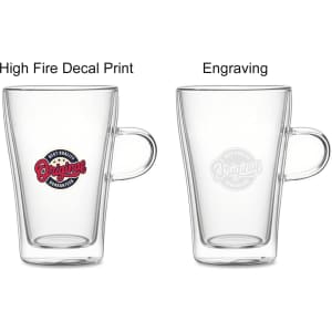 A double wall mug featuring a transparent design with a handle, showcasing decal print and engraving options.