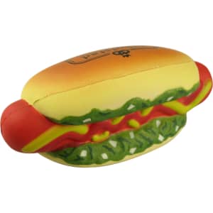 A hot dog-shaped stress reliever in yellow, red, and green colours, featuring a branding logo.