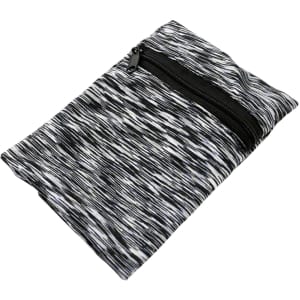 A mini wearable wallet in a black and white abstract pattern with a zip closure. It has a small logo on it.